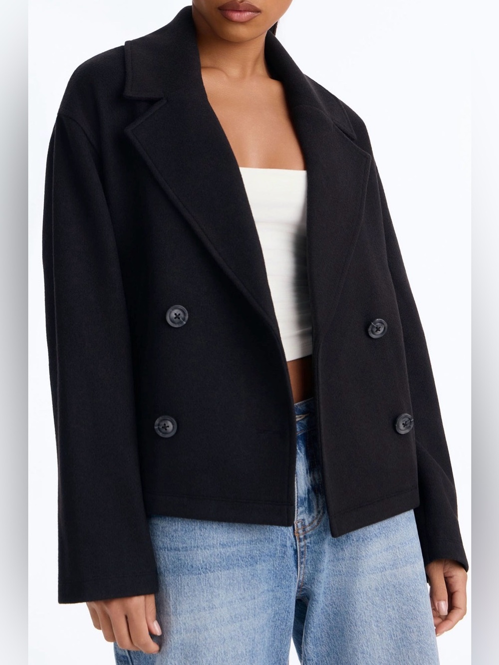 Fashion Nova Black Double-Breasted Cropped Pea Coat